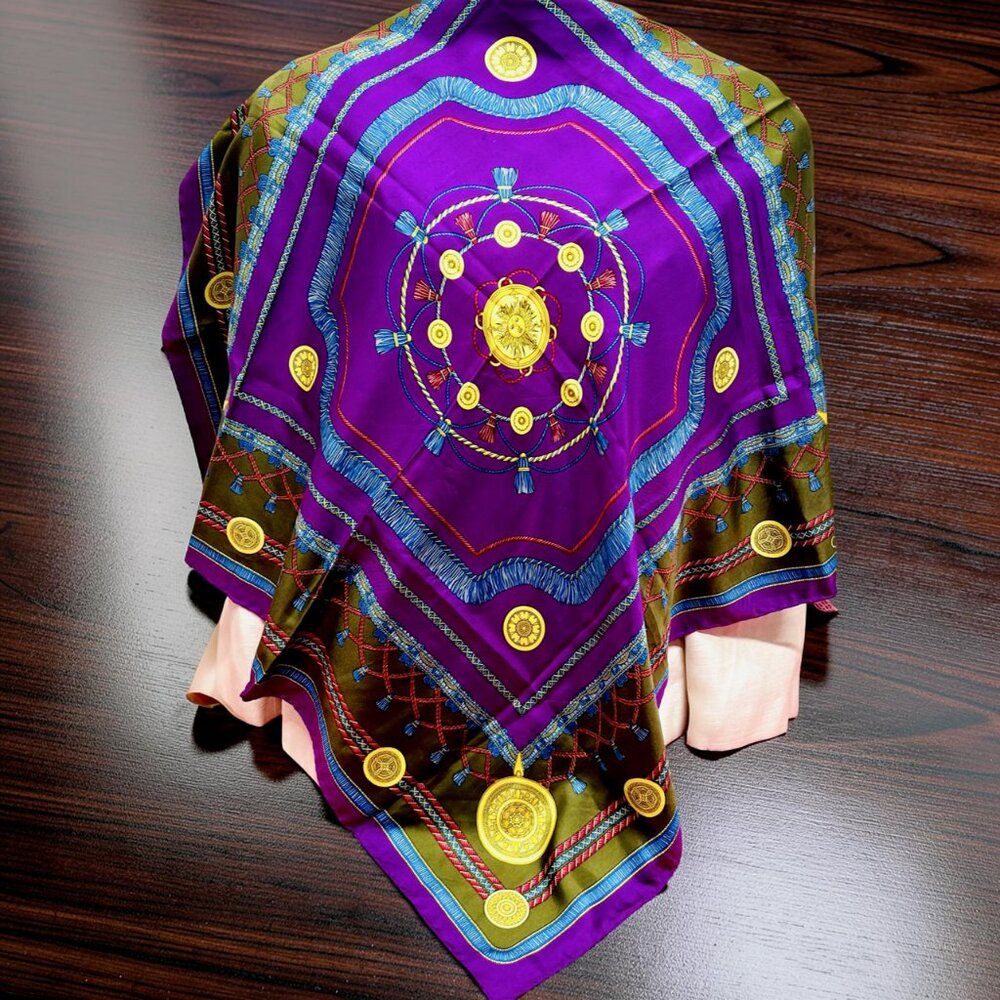 Vgt Celine Paris 100% Silk Scarf Satin 32" purple blue olive red twine tassel(44